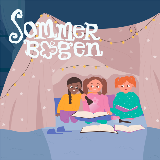 Sommerbogen. 3 børn sidder i et telt og læser med lommelygter tændt
