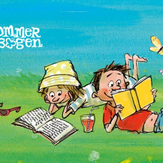 Sommerbogen. 2 børn ligger i græsset og læser