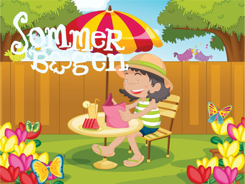 Sommerbogen. Tegning af en pige, der sidder under en parasol og læser