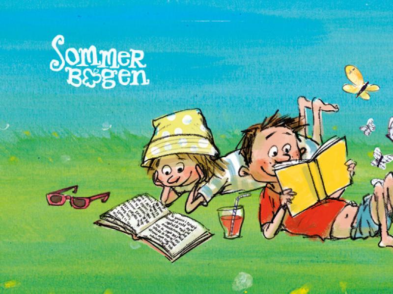 Sommerbogen. 2 børn ligger i græsset og læser