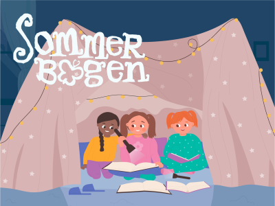 Sommerbogen. 3 børn sidder i et telt og læser med lommelygter tændt