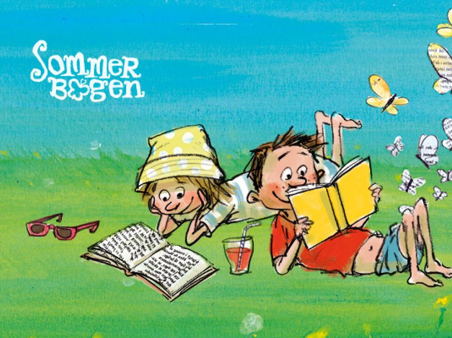 Sommerbogen. 2 børn ligger i græsset og læser