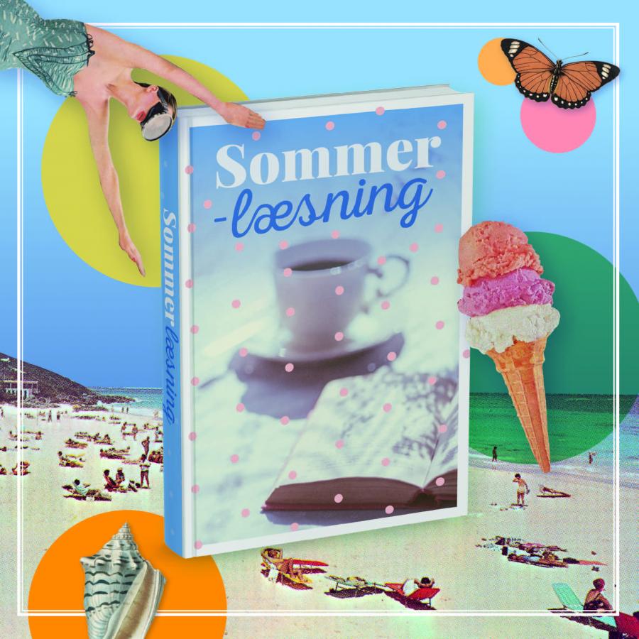 En strand med personer i baggrunden - forgrunde en bog med titlen Sommerlæsning