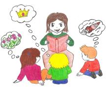 Farvelagt illustration af en voksen der læser højt for tre børn.